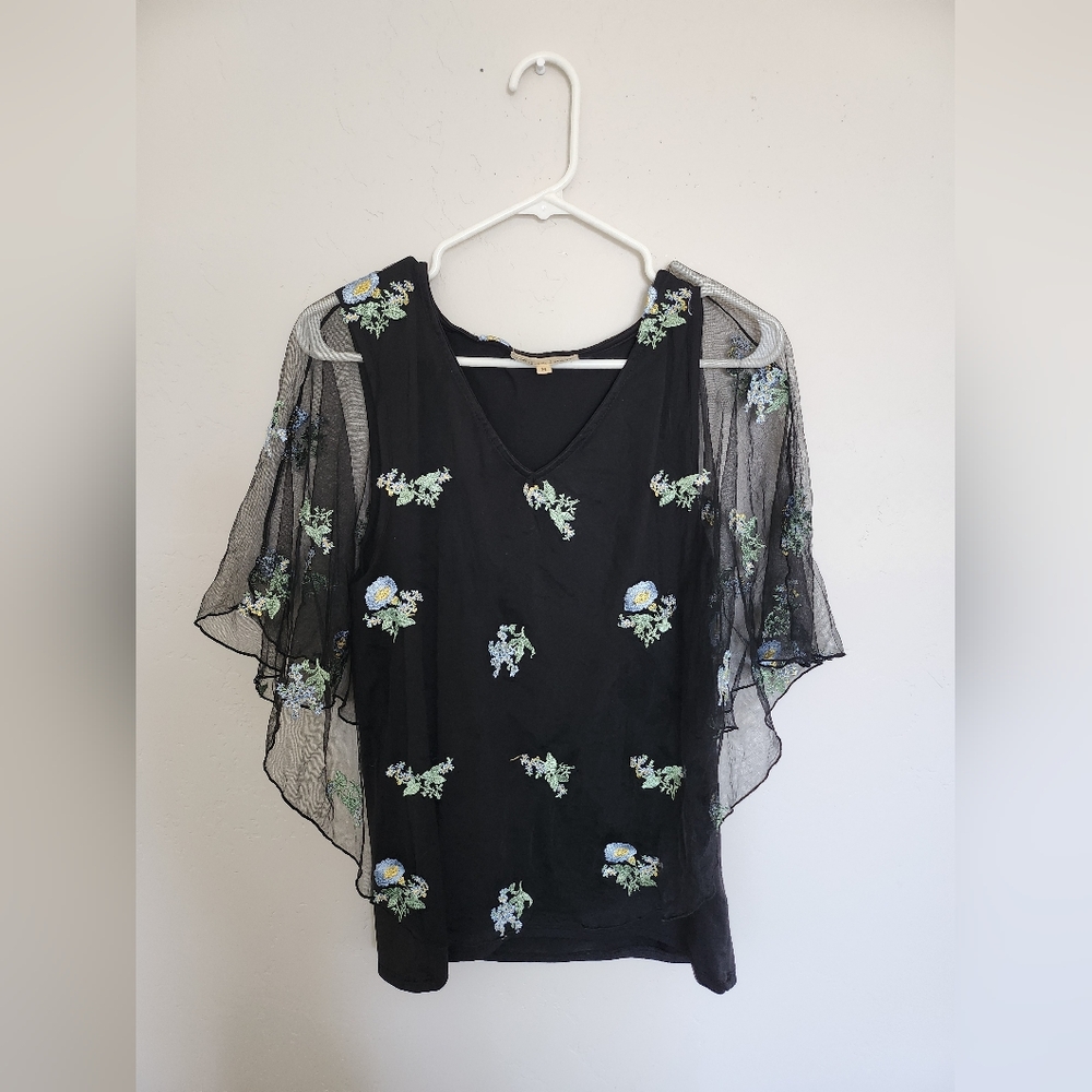 Black Sheer Flutter Sleeve Blouse with Floral Embroidery